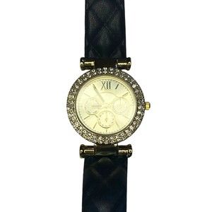 Jessica Carlyle 11038 women watch rhinestones black quilted band gold tone